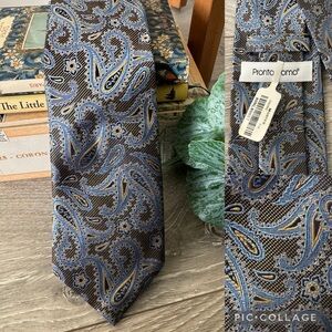 NWT Pronto Uomo Made in Italy 100% Silk necktie tie Blue Gold Paisley floral